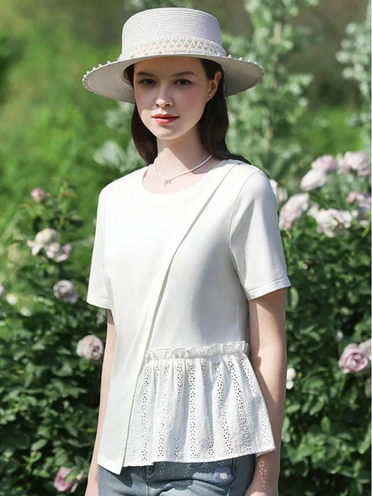 Pleated T-Shirt with Eyelet Details