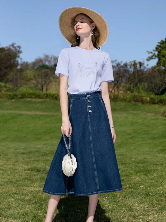 Vintage High-Waisted Denim Midi Skirt