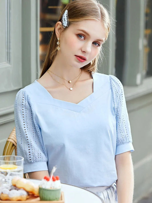 Summer Blouse with Eyelet Puff Sleeves and Square Neckline