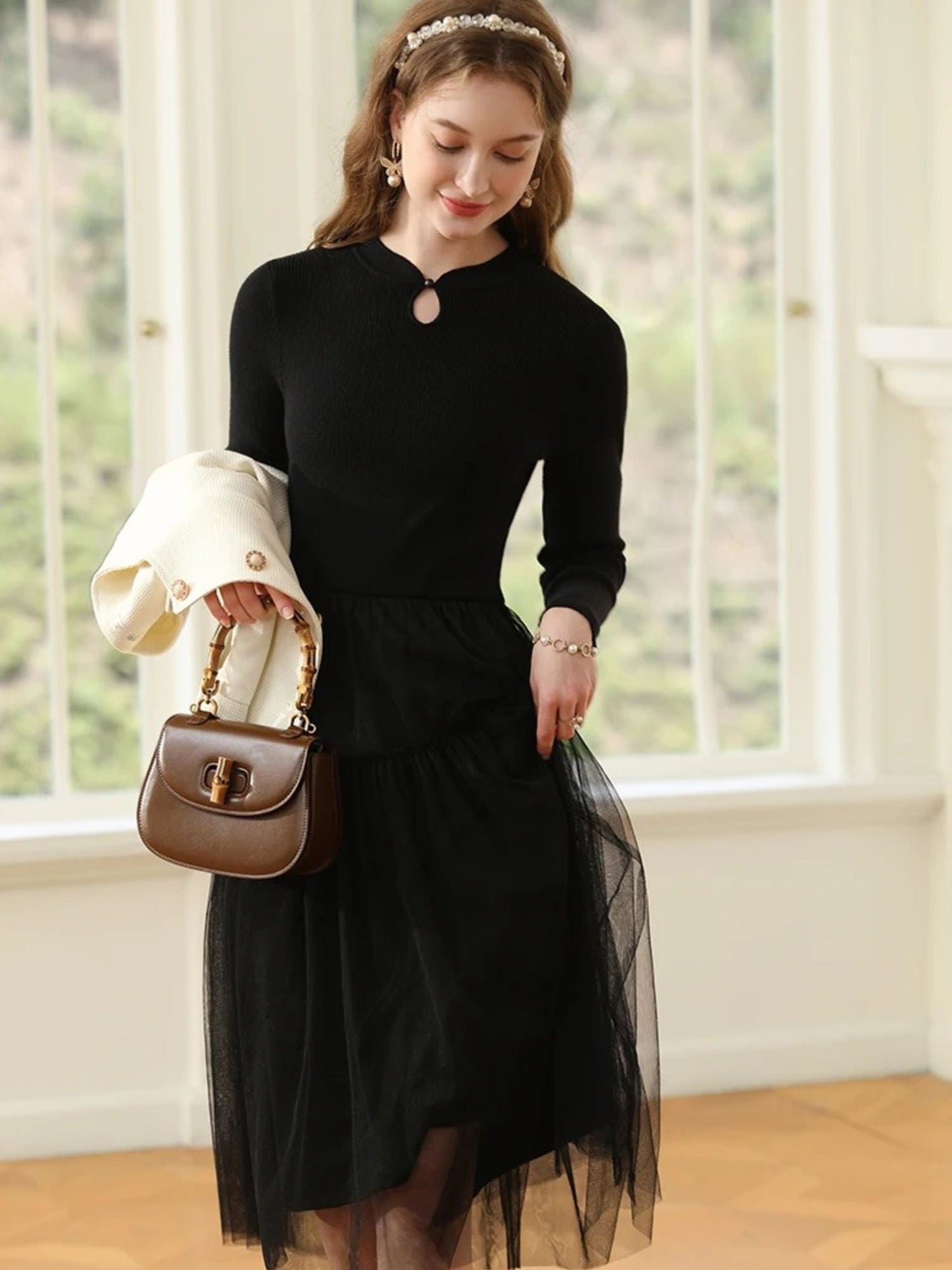 A-Line Patchwork Dress in Knit and Tulle