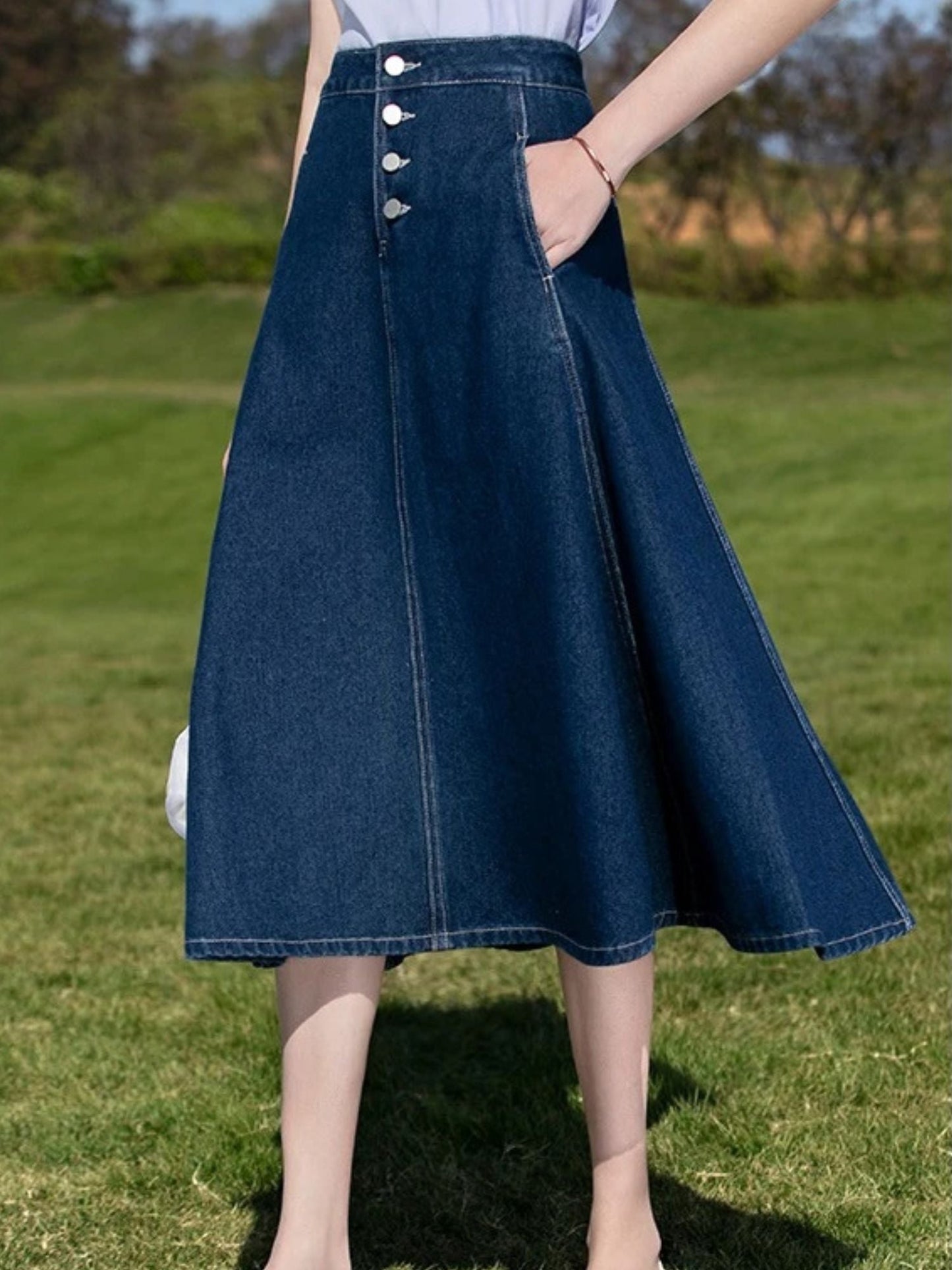 Vintage High-Waisted Denim Midi Skirt