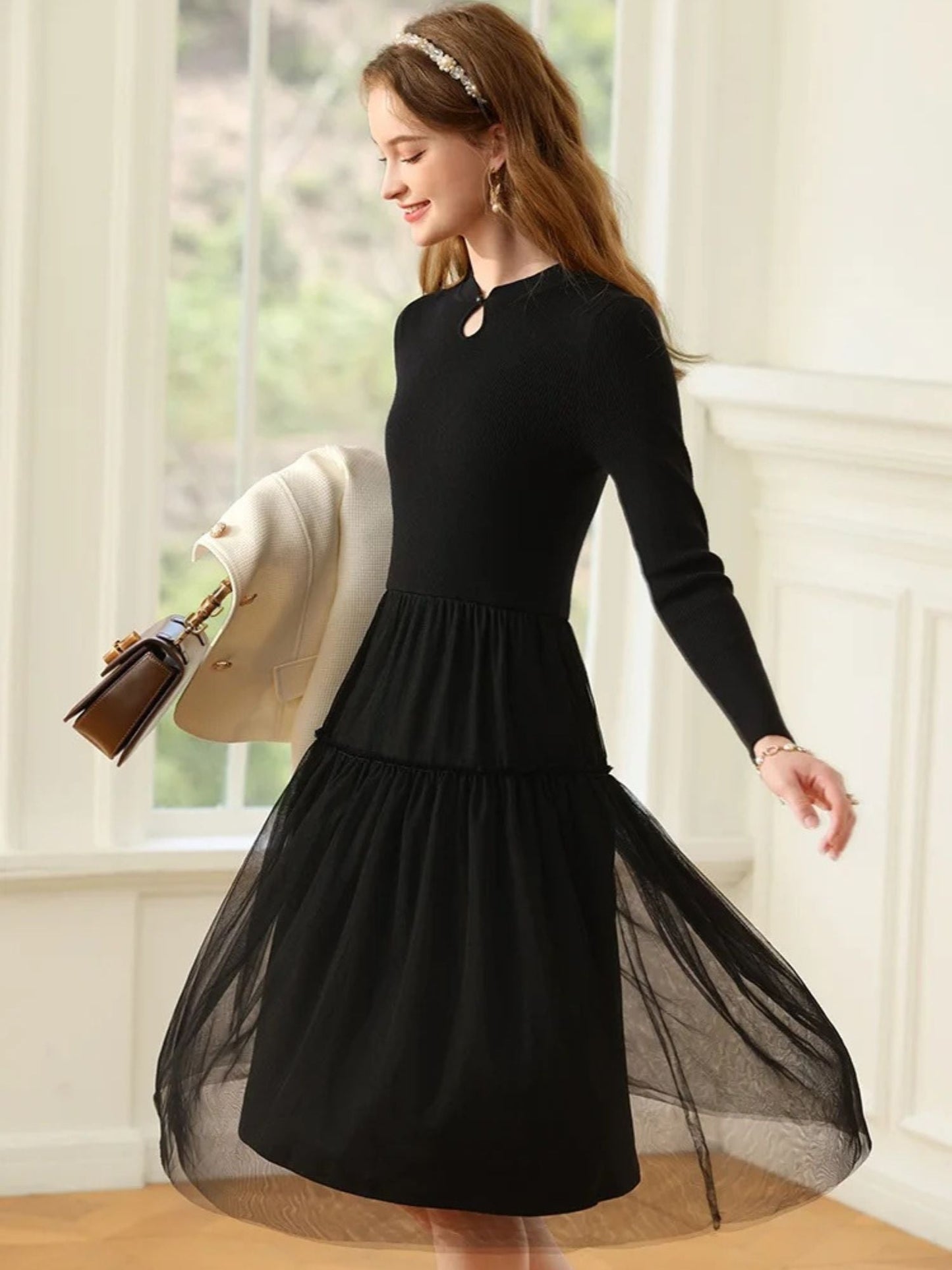 A-Line Patchwork Dress in Knit and Tulle