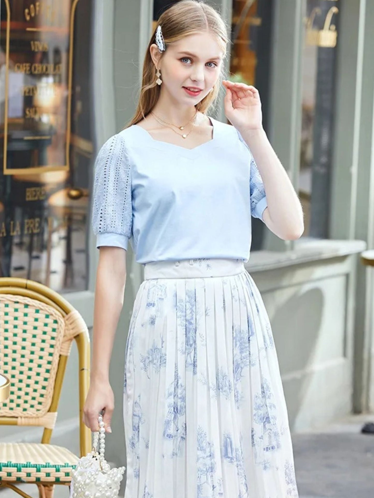 Summer Blouse with Eyelet Puff Sleeves and Square Neckline