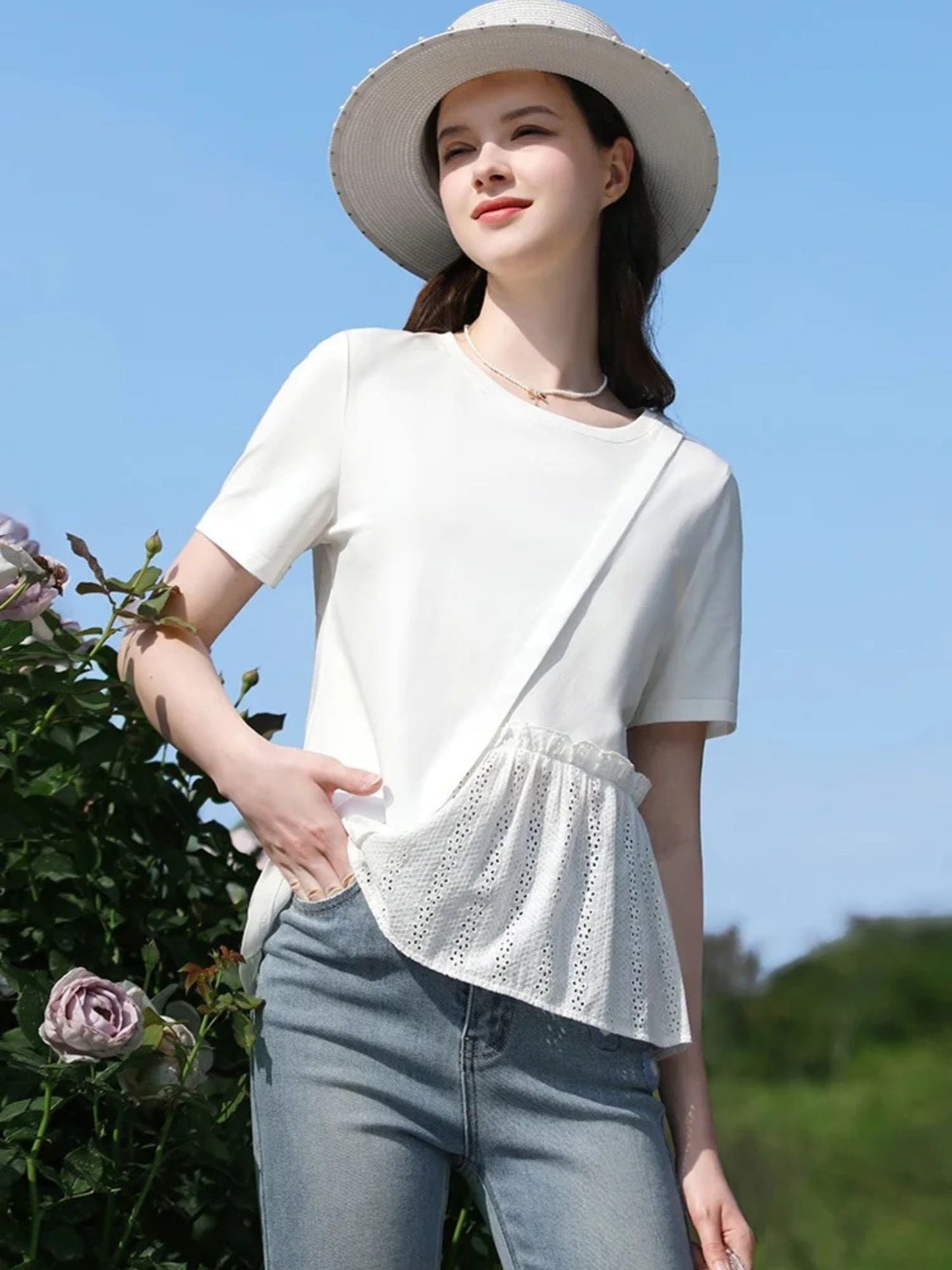 Pleated T-Shirt with Eyelet Details