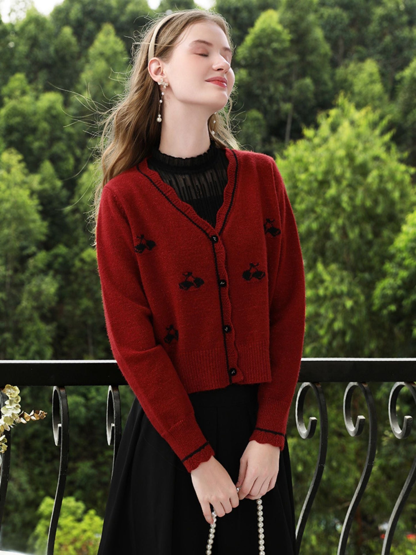 Red Knit Cardigan with Embroidery
