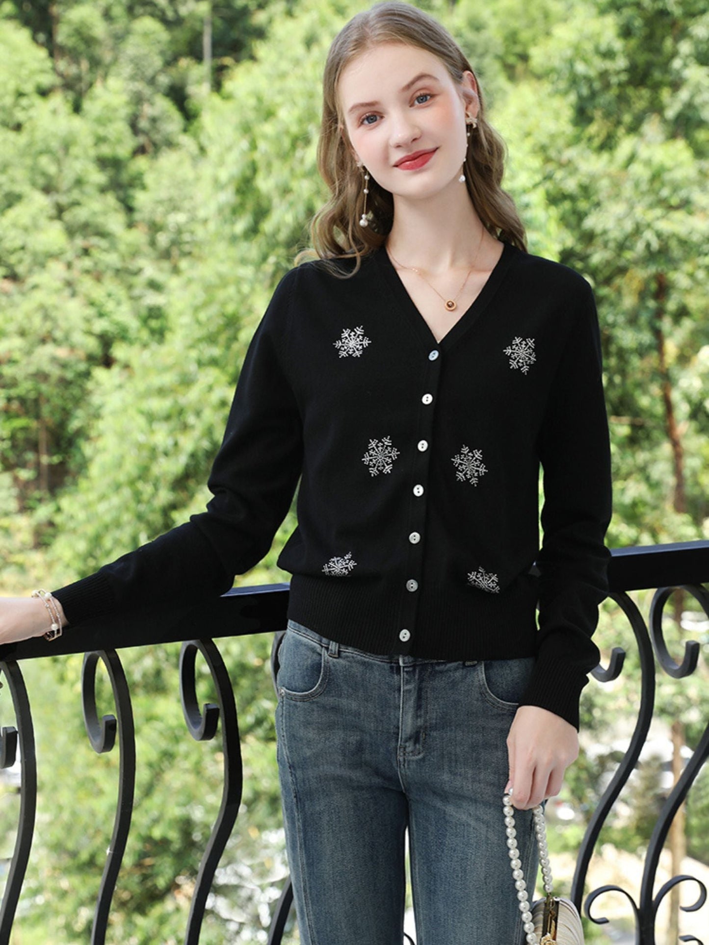 V-Neck Cardigan with Snowflake Embellishments