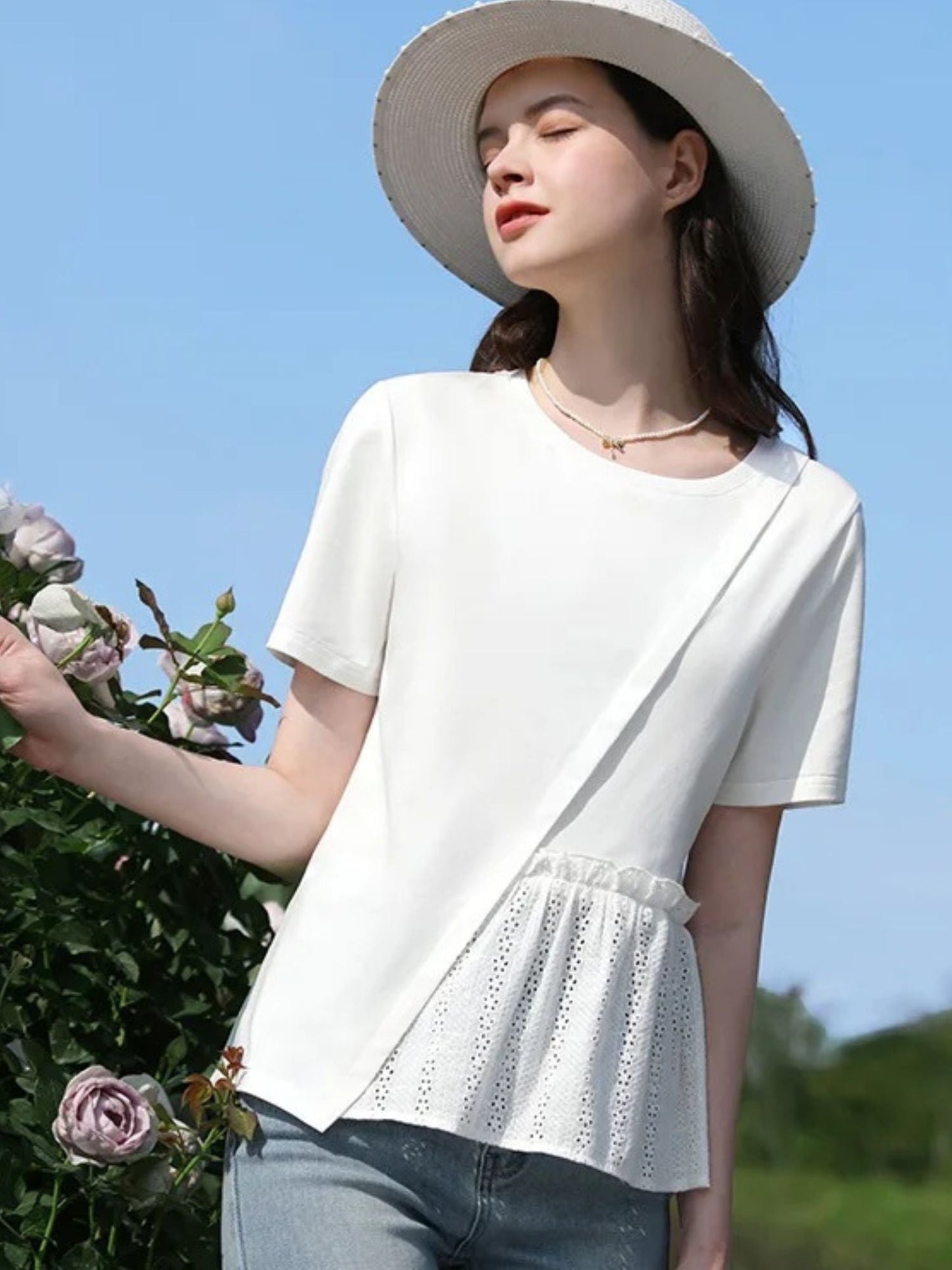 Pleated T-Shirt with Eyelet Details