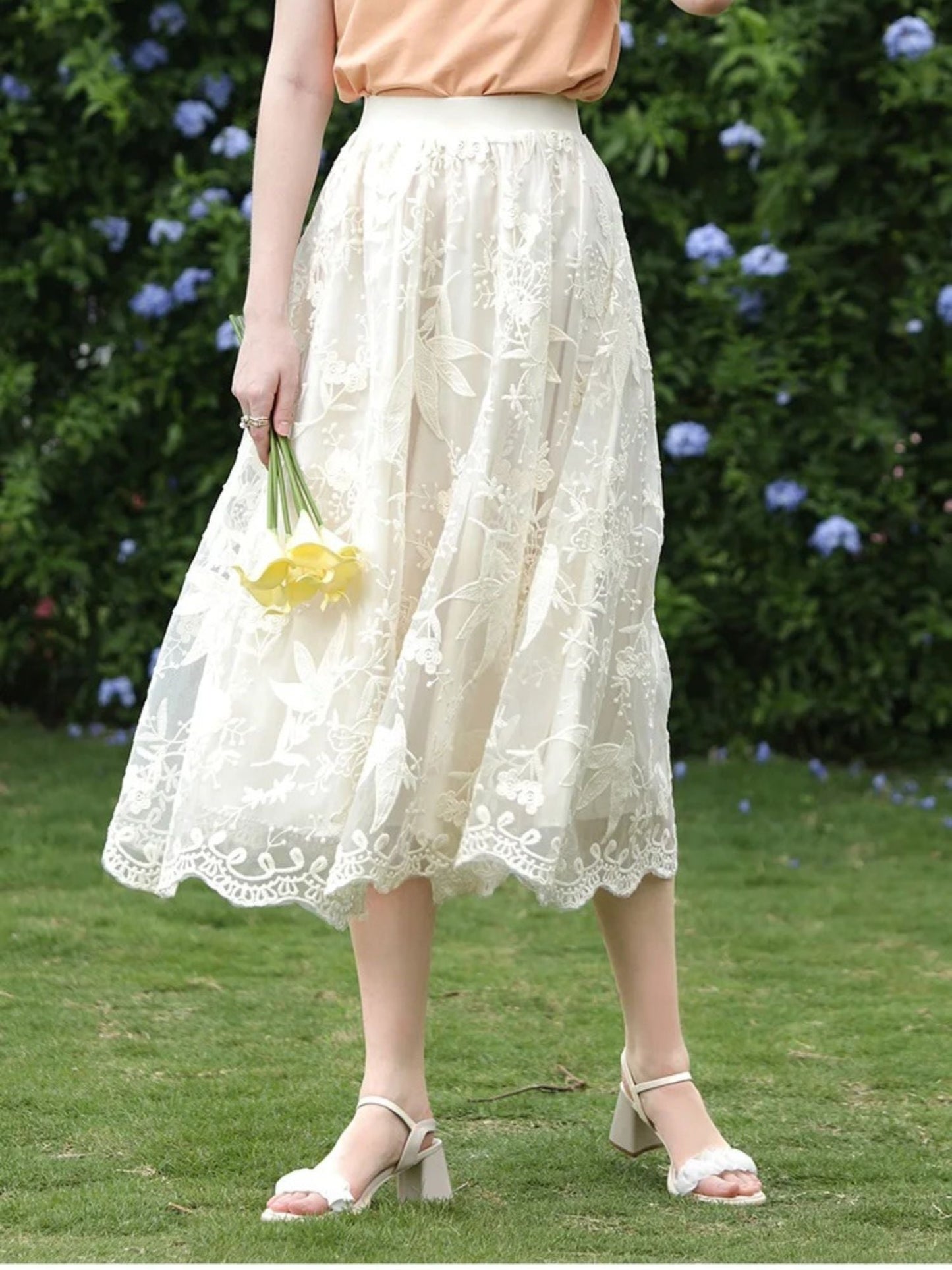 Embroidered Lace Midi Skirt