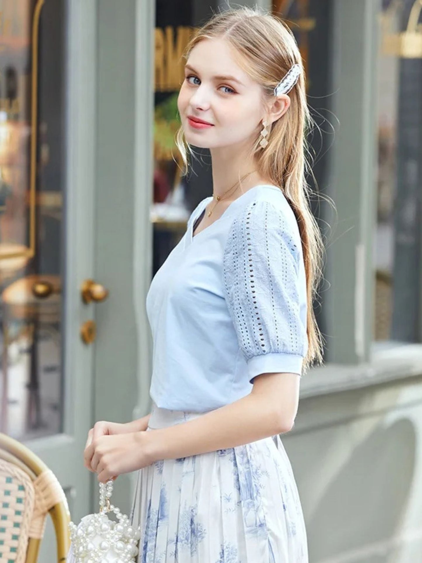 Summer Blouse with Eyelet Puff Sleeves and Square Neckline