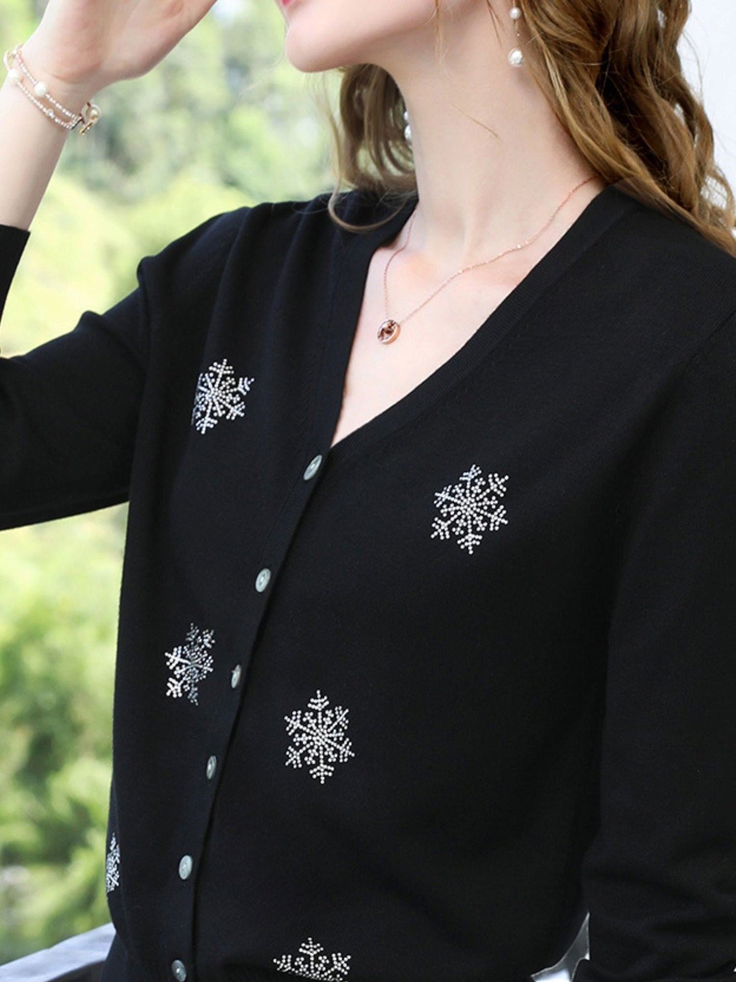 V-Neck Cardigan with Snowflake Embellishments