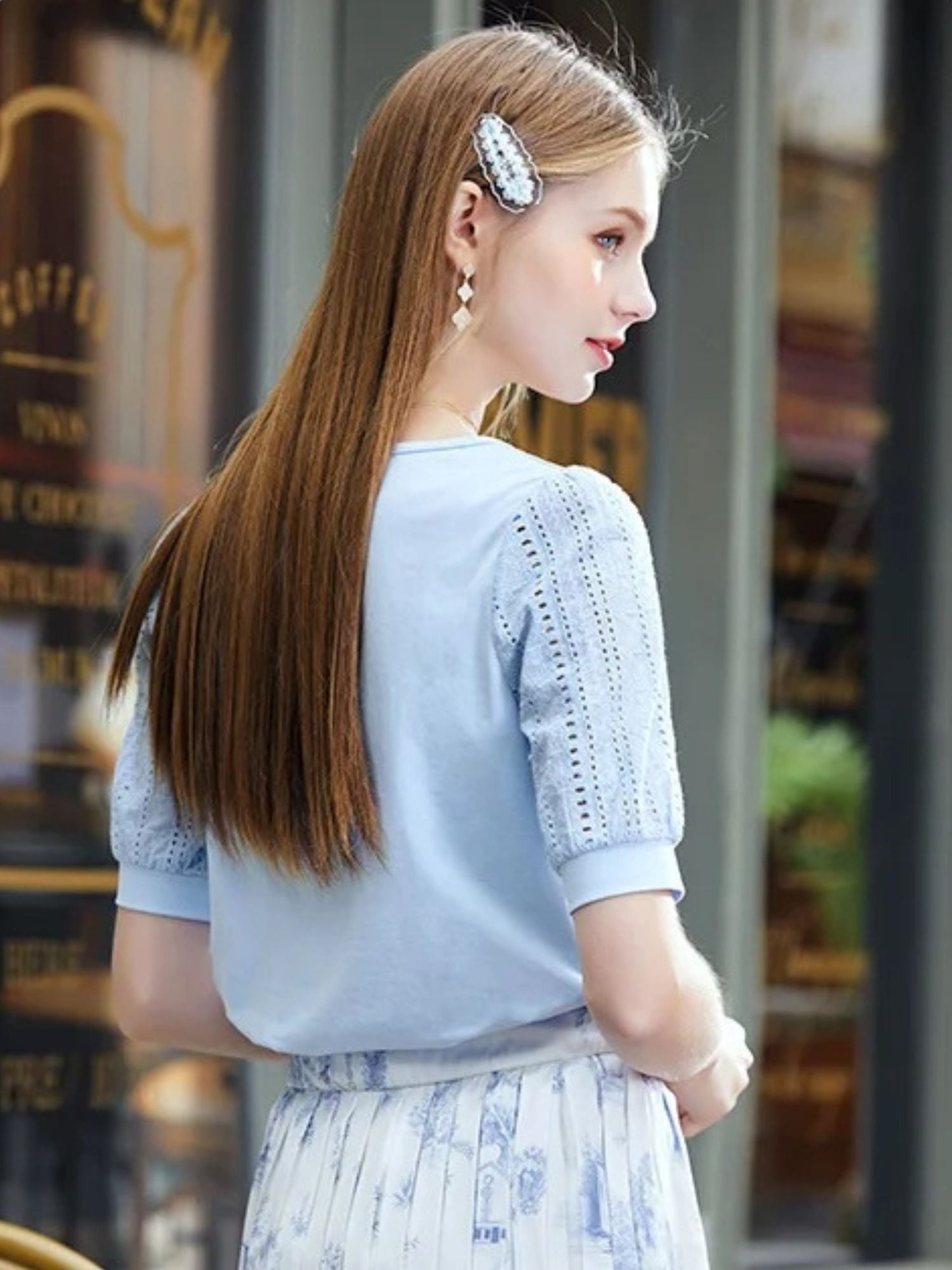 Summer Blouse with Eyelet Puff Sleeves and Square Neckline