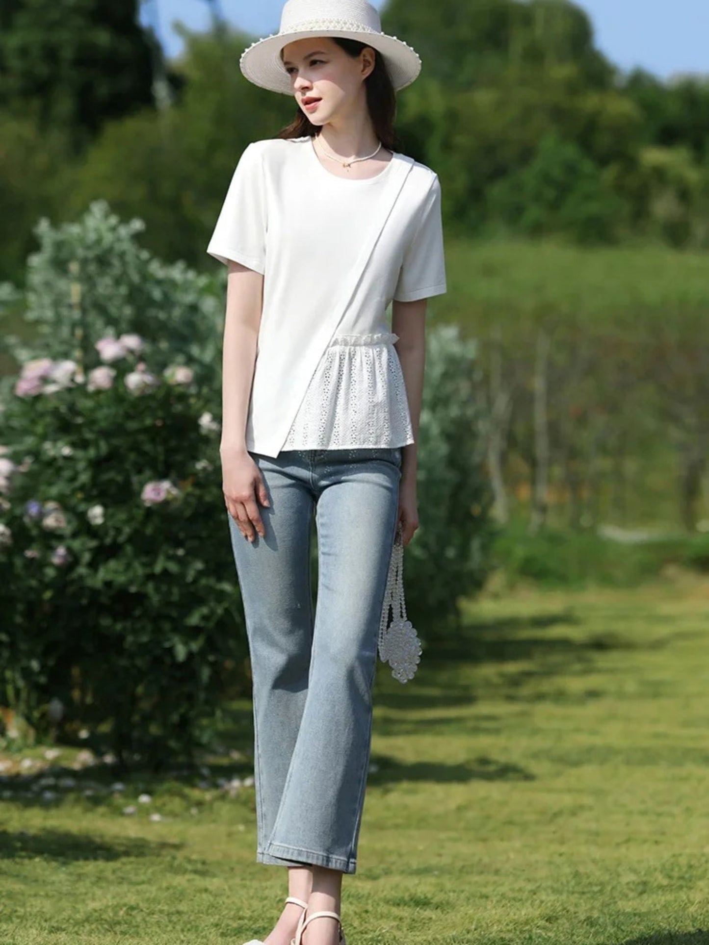 Pleated T-Shirt with Eyelet Details