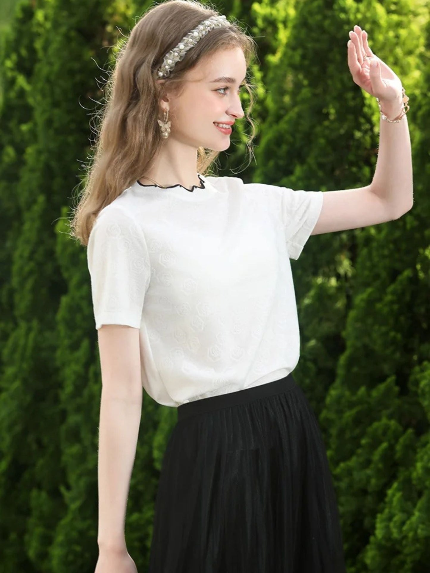 Embroidered Lace Blouse with Short Sleeves