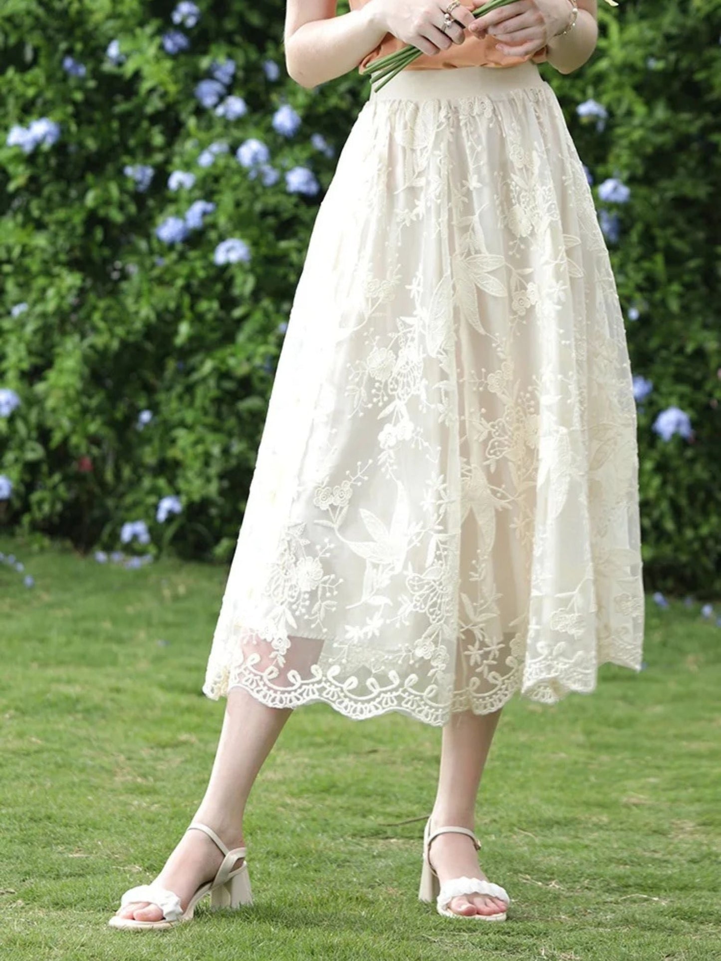 Embroidered Lace Midi Skirt