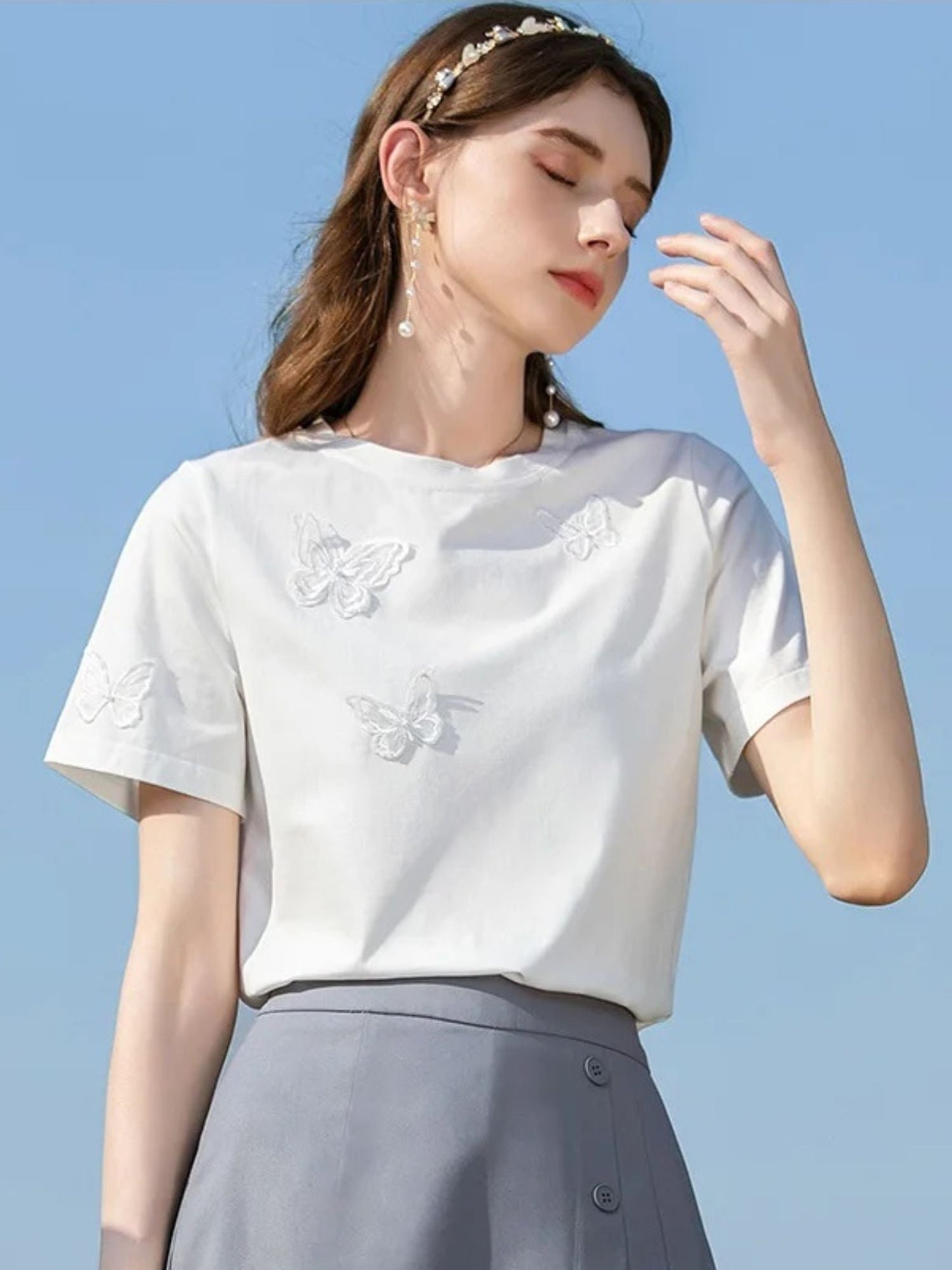Summer T-Shirt with Butterfly Embroidery