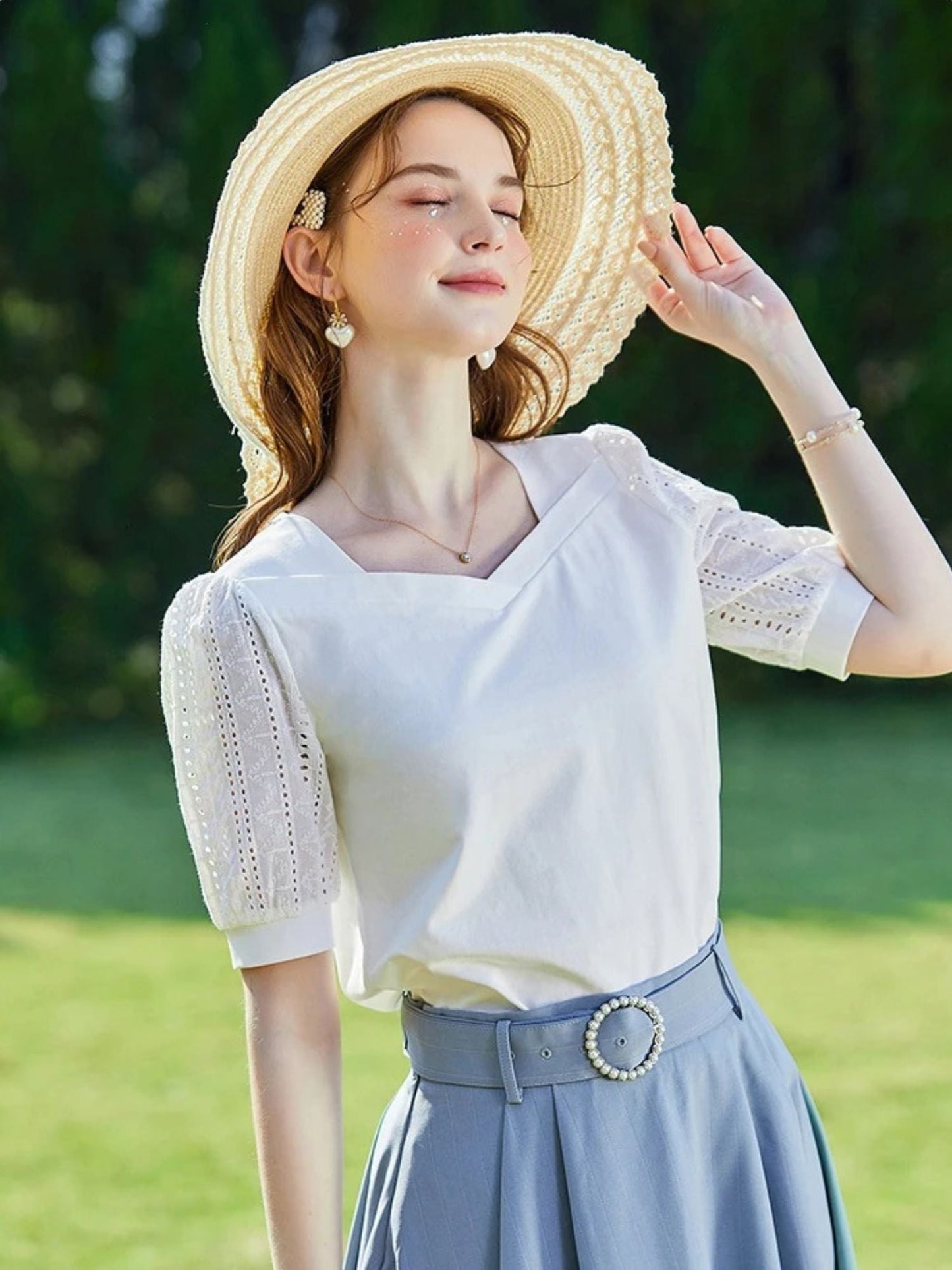 Summer Blouse with Eyelet Puff Sleeves and Square Neckline