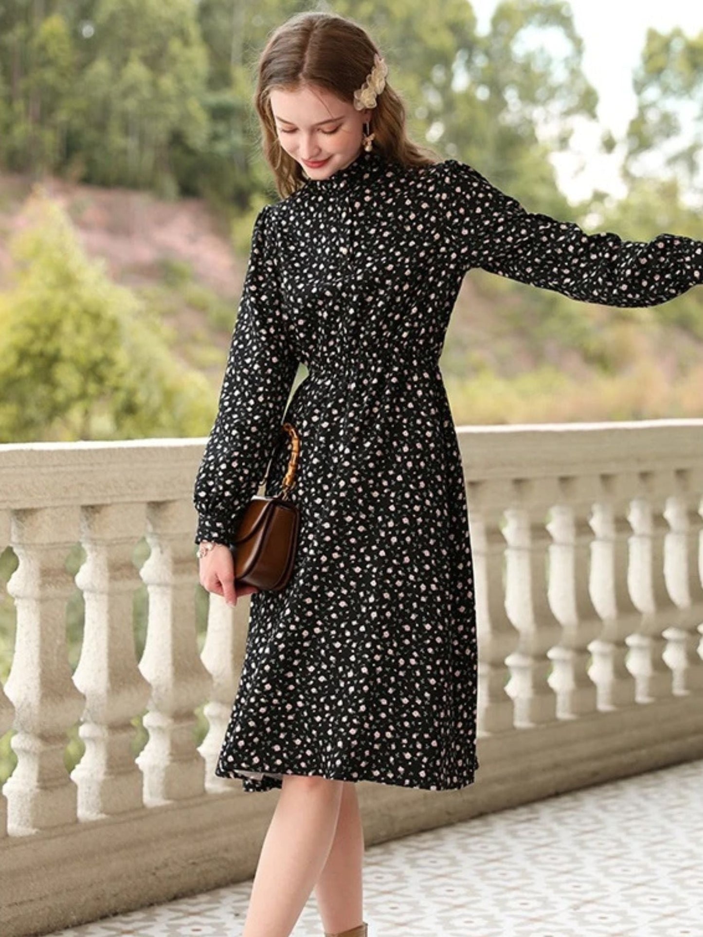 French-Inspired Floral Dress with Long Sleeves
