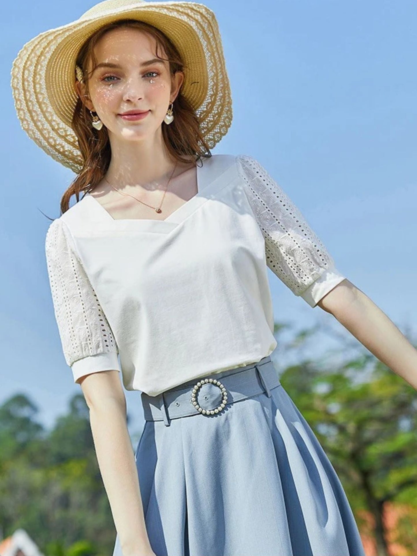 Summer Blouse with Eyelet Puff Sleeves and Square Neckline