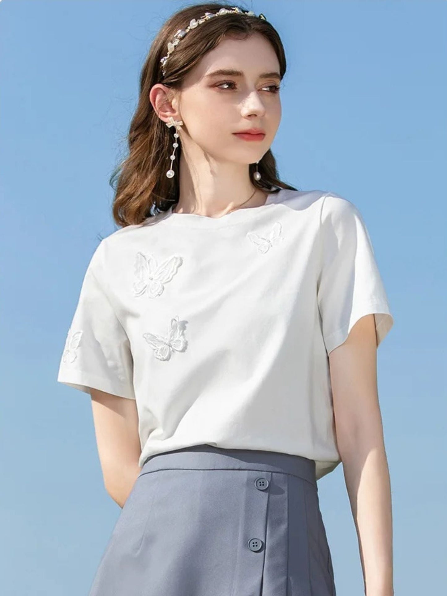 Summer T-Shirt with Butterfly Embroidery