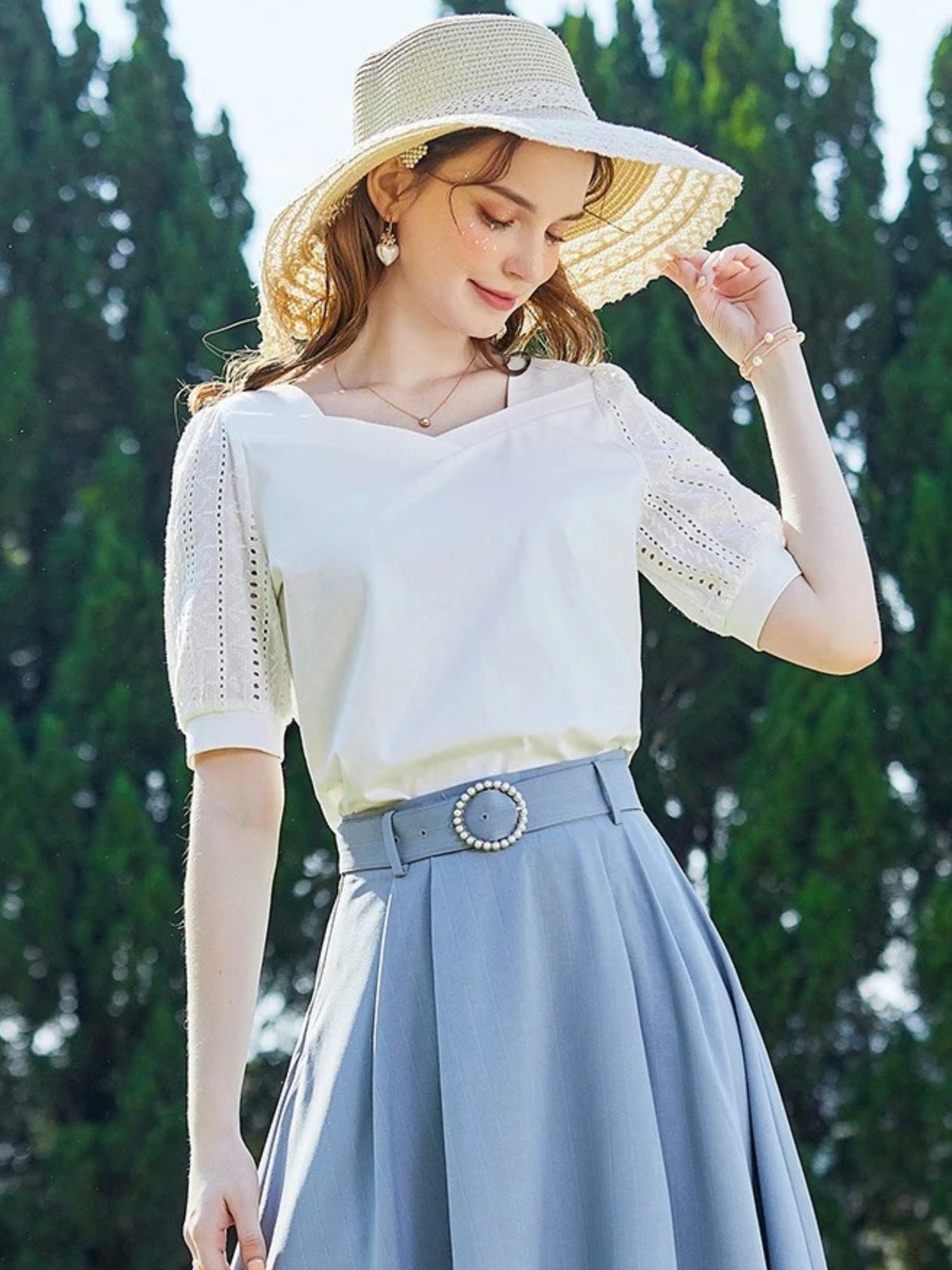 Summer Blouse with Eyelet Puff Sleeves and Square Neckline