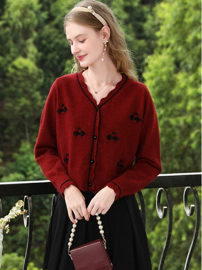 Red Knit Cardigan with Embroidery