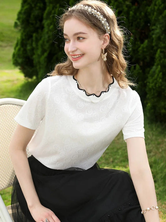 Embroidered Lace Blouse with Short Sleeves