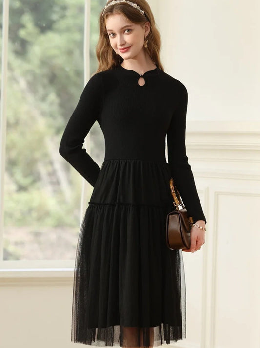A-Line Patchwork Dress in Knit and Tulle