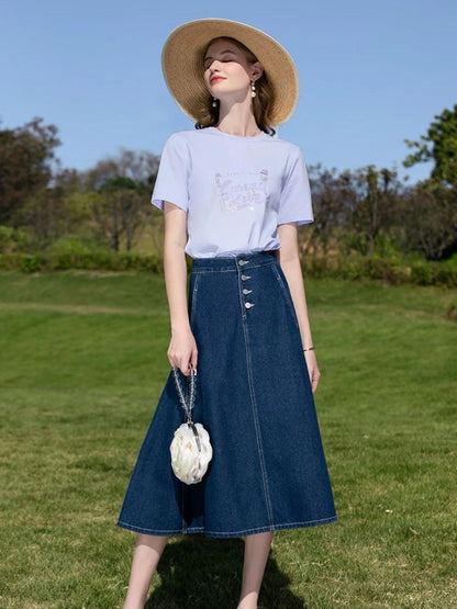 Vintage High-Waisted Denim Midi Skirt