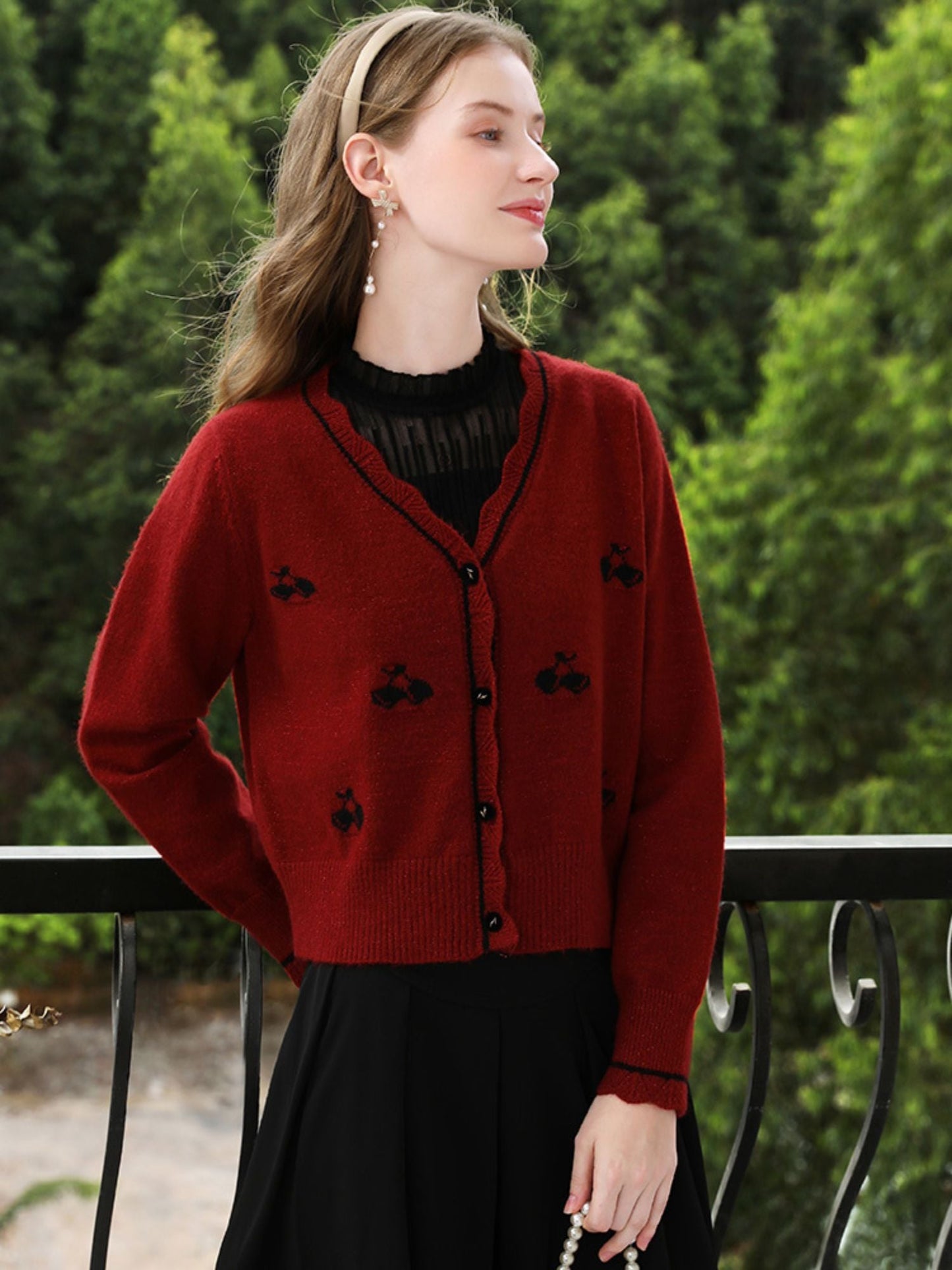 Red Knit Cardigan with Embroidery
