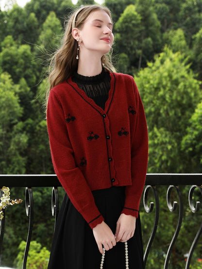 Red Knit Cardigan with Embroidery