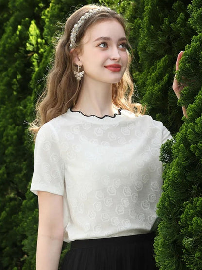 Embroidered Lace Blouse with Short Sleeves