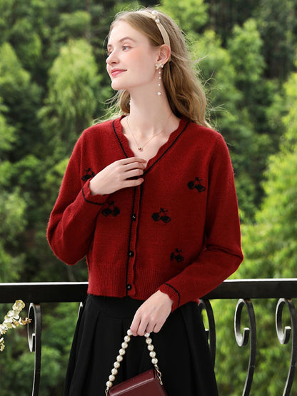 Red Knit Cardigan with Embroidery