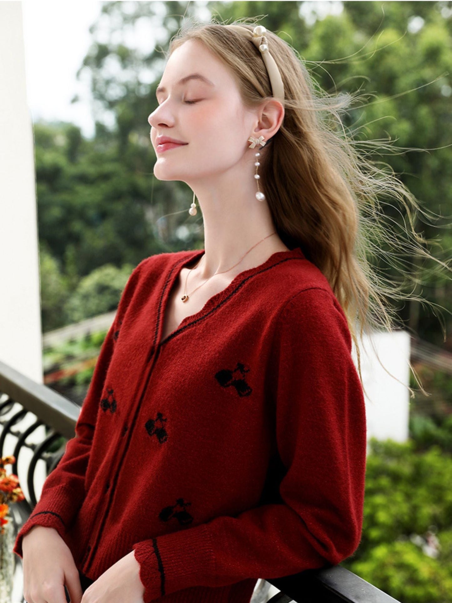 Red Knit Cardigan with Embroidery