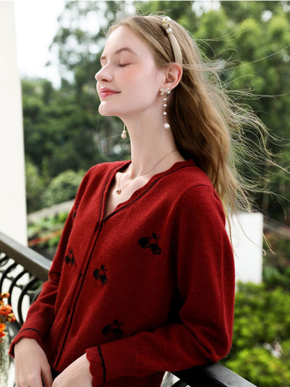 Red Knit Cardigan with Embroidery