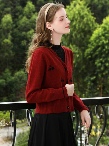 Red Knit Cardigan with Embroidery