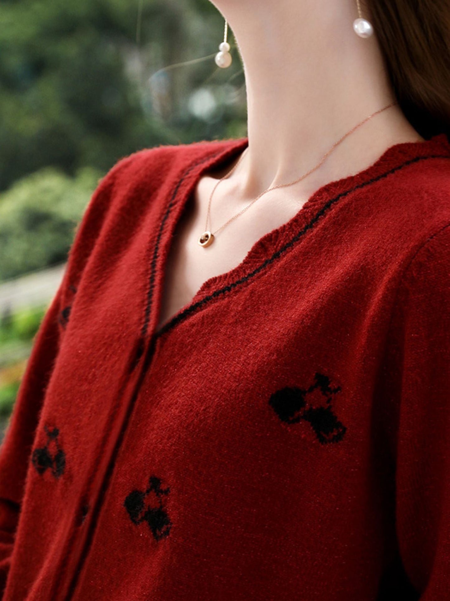 Red Knit Cardigan with Embroidery