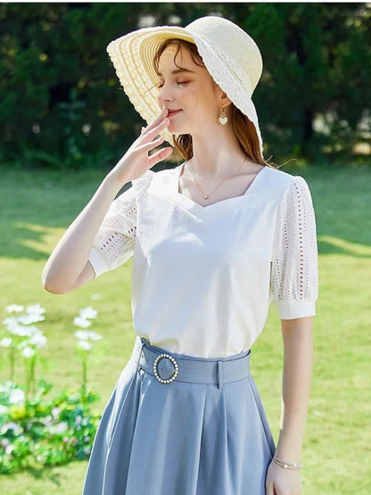 Summer Blouse with Eyelet Puff Sleeves and Square Neckline